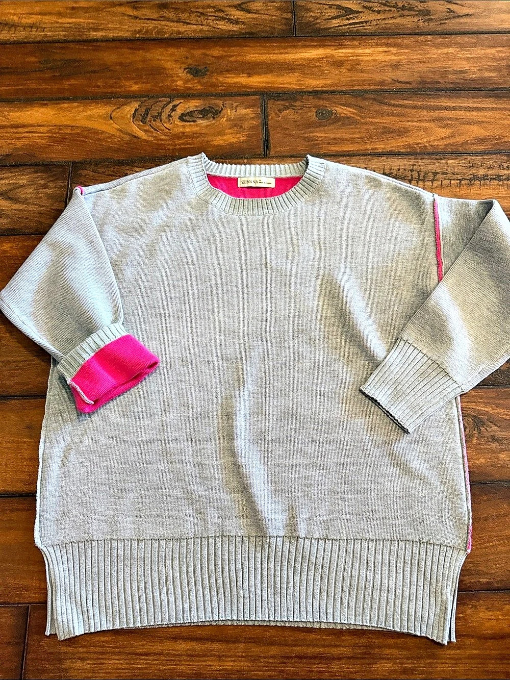 Zenana New in Original Packaging Heathered Gray With Pink Trim Crewneck Sweater